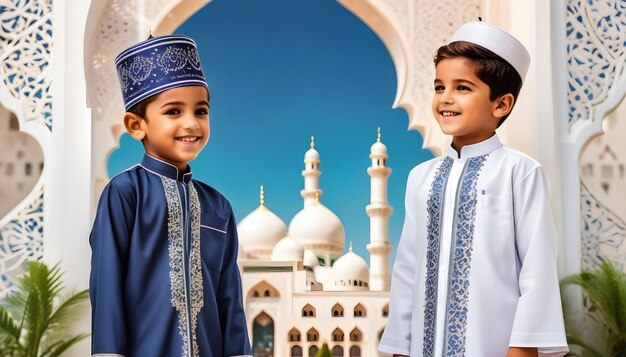 Foto mooi karakter van enkele islamitische kinderen die samen eid vieren islamitisch karakter