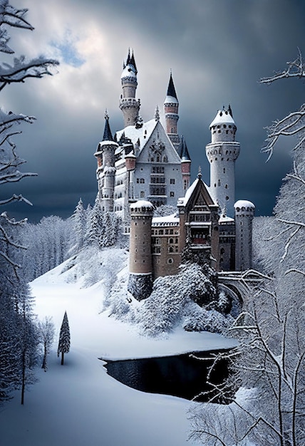 Mooi kasteel in de winter, gegenereerd door AI.