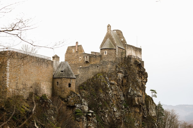 Mooi kasteel van Dürnstein op een mistige dag hoog op een rotsachtige berg.