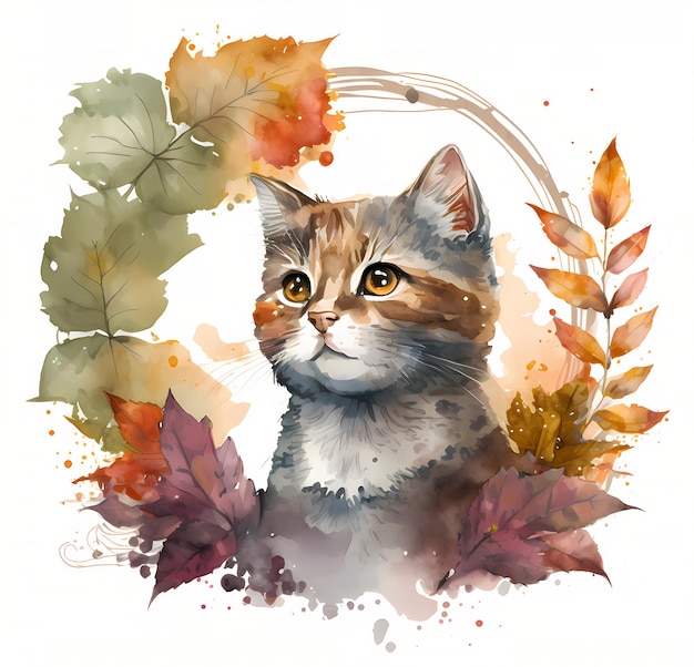 Mooi kattenportret omgeven door herfstbladeren aquarel clipart