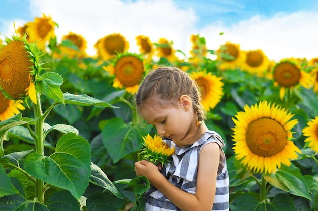 Mooi klein meisje dat van de natuur geniet Gelukkig glimlachend vrouwelijk kind dat in het zonnebloemveld staat