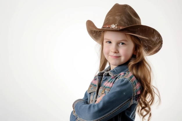 Mooi klein meisje in cowboy stijl op witte achtergrond Jonge cowgirl poseert op witte agtergrond