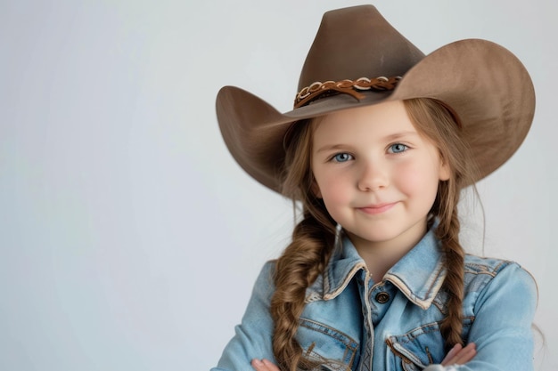 Mooi klein meisje in cowboy stijl op witte achtergrond Jonge cowgirl poseert op witte agtergrond