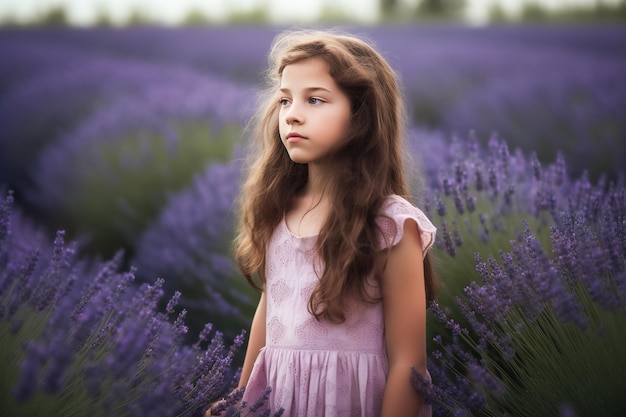 Mooi klein meisje in lavendelveld bij zonsondergang Meisje met lang haar Generatieve AI