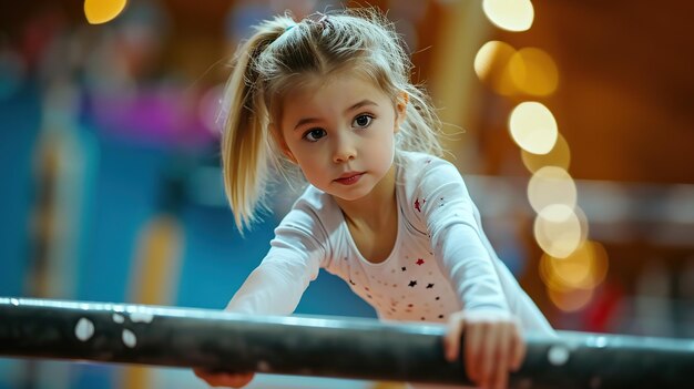 Mooi klein meisje is bezig met sport gymnastiek op een parallelle bars in de sportschool Kopieer ruimte voor tekst