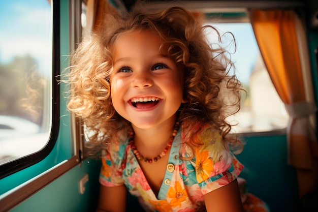 Mooi klein meisje lacht in een turquoise camper met de zon die door het raam komt.