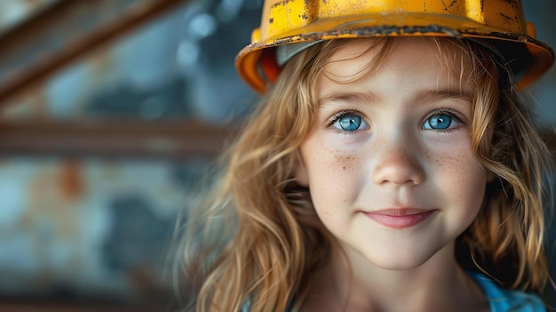Mooi klein meisje met een bouwhelm in een portret Generatieve Ai