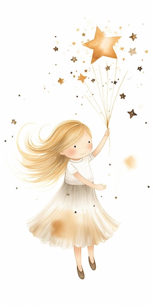 Mooi klein meisje met sterren in gloeiende wolk van magische glitters Sprookjeillustratie