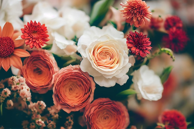 Mooi kleurrijk boeket van tuinbloemen. rozen, dahlia's, madeliefjes en andere bloemen. bloemen rug