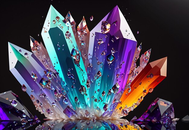 Mooi kleurrijk kristal met waterdruppels op een donkere achtergrond