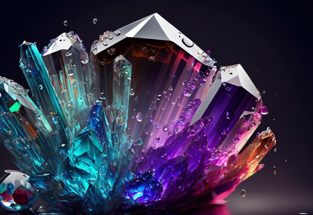 Mooi kleurrijk kristal met waterdruppels op een donkere achtergrond