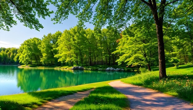 Mooi kleurrijk zomer lente natuurlijk landschap met een meer in het park omringd door groen gebladerte