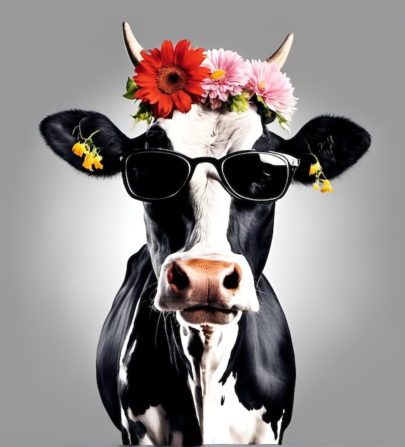 Mooi koel koe portret in zonnebril met bloemen op het hoofd