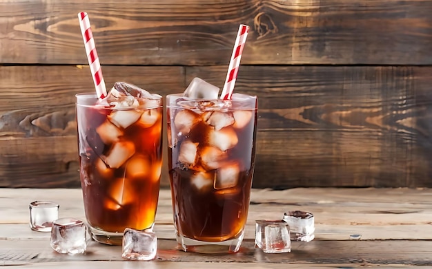 Mooi koud drankje van cola met ijsblokjes met een ketel rietjes in glazen op houten achtergrond met vrije ruimte