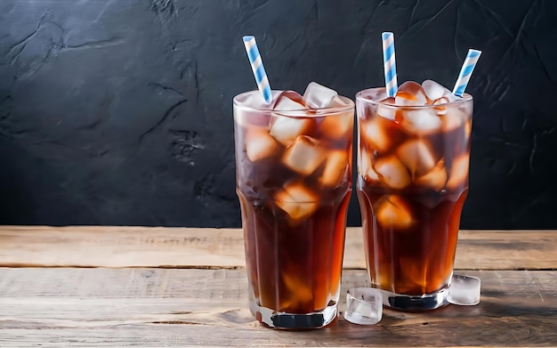 Mooi koud drankje van cola met ijsblokjes met een ketel rietjes in glazen op houten achtergrond met vrije ruimte