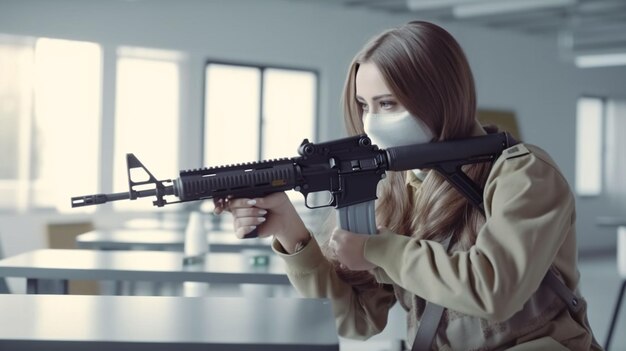 Foto mooi kwetsbaar blond meisje met machinegeweer in volledig legeruniform