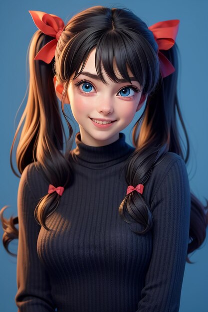 Mooi lachend meisje met lang haar twintails blauwe ogen rode trui eenvoudige achtergrond