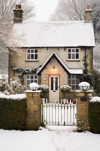 Mooi landhuis versierd voor Kerstmis op een besneeuwde winterdag vakantie en viering generatieve ai