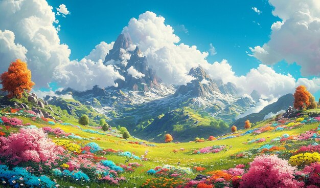 Foto mooi landschap met bloemen bergen en wolken