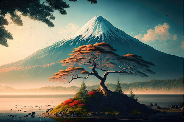 Mooi landschap met fuji-bergboom japan Gemaakt door AI Kunstmatige intelligentie