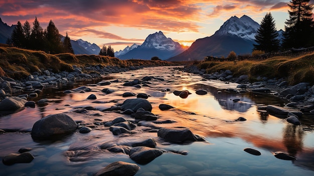 Foto mooi landschap met hoge rivier en rood zonlicht bij zonsopgang