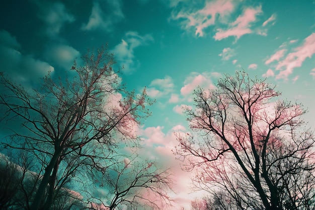 Foto mooi landschap met kale bomen en bewolkte lucht vintage stijl
