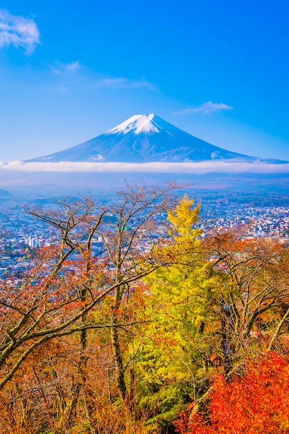 Mooi landschap van berg Fuji rond de boom van het esdoornblad in de herfstseizoen