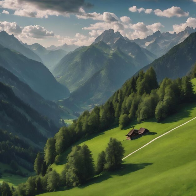 Mooi landschap van een groene vallei bij de Alpen in Oostenrijk onder de bewolkte hemel