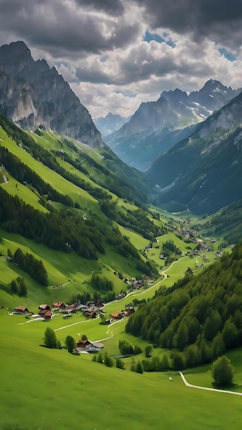 Mooi landschap van een groene vallei bij de Alpen in Oostenrijk onder de bewolkte hemel