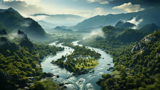 Mooi landschap van een jungle regenwoud met rivier en mist over boom
