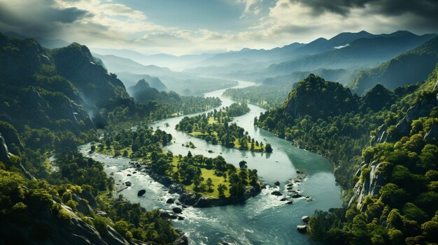 Mooi landschap van een jungle regenwoud met rivier en mist over boom