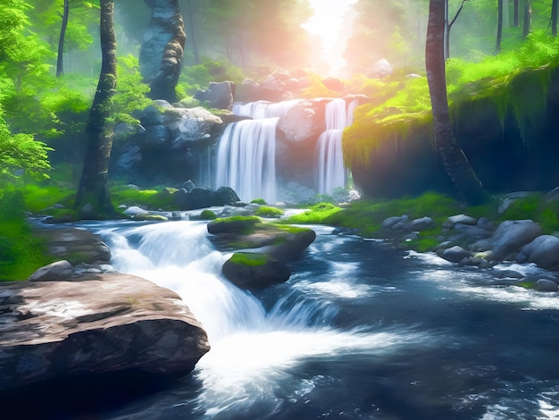 Foto mooi landschap van een waterval in het regenwoud generatieve ai