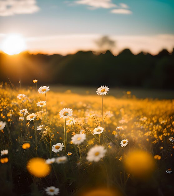 Foto mooi landschap van lentebloemen met madeliefjes