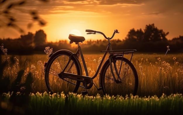 Mooi landschapsbeeld met Fiets bij zonsondergang Generatieve AI