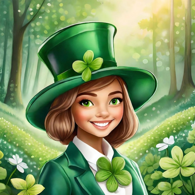 Mooi leprechaun meisje met groene hoed en klaverbladeren
