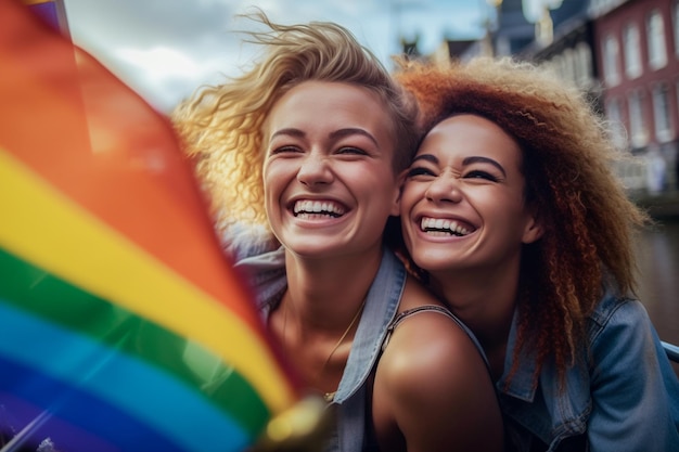 Mooi lesbisch koppel in een boot in Amsterdam die lgbtq-trots viert met regenboogvlagpatronen