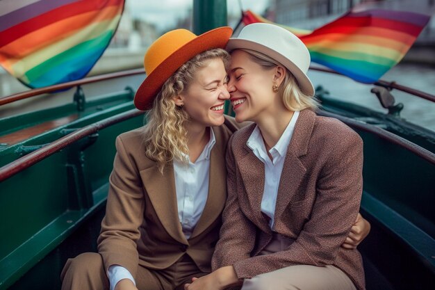 Foto mooi lesbisch koppel in een boot in amsterdam die lgbtq-trots viert met regenboogvlagpatronen