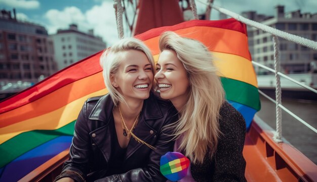 Mooi lesbisch koppel in een boot in Amsterdam die lgbtq-trots viert met regenboogvlagpatronen