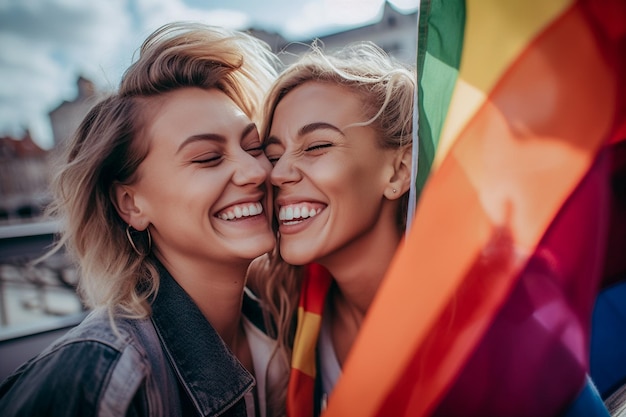 Foto mooi lesbisch koppel in een boot in amsterdam die lgbtq-trots viert met regenboogvlagpatronen