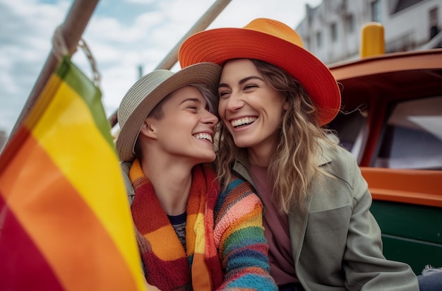 Mooi lesbisch koppel in een boot in Amsterdam die lgbtq-trots viert met regenboogvlagpatronen