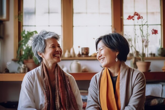 Mooi lesbisch stel dat het naar zijn zin heeft met het beoefenen van mindfulness-meditatie en wellness thuis