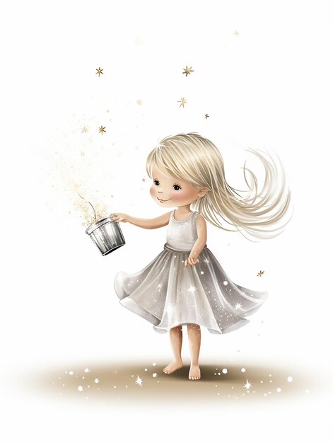 Mooi lief klein meisje in jurk in gloeiende wolk van magische schittering Sprookjeillustratie