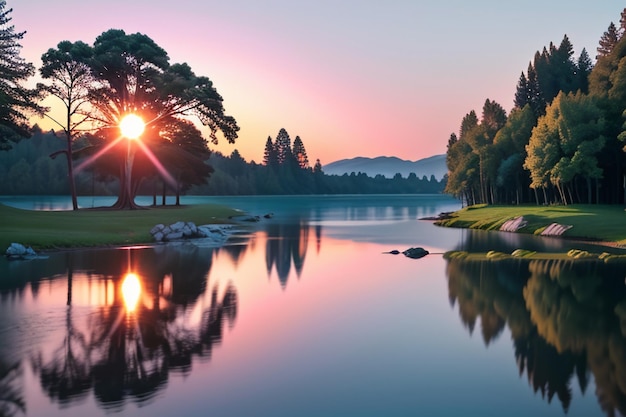 Mooi meer natuurlijk landschap fotografie behang ontspannen vrolijke illustratie