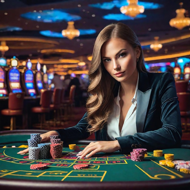 Mooi meisje aan de casino tafel gegenereerd door AI