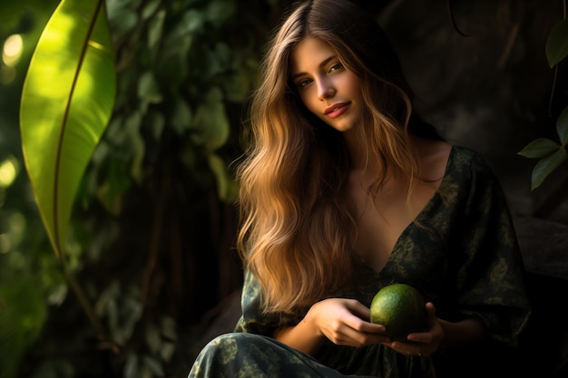 Mooi meisje close-up portret kijkt in de camera in de groene jungle met een avocado in zijn hand