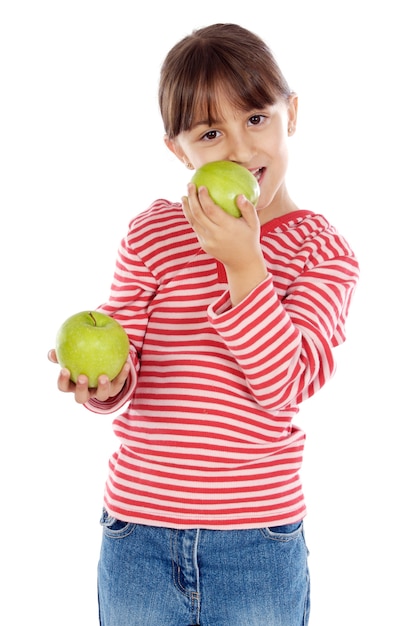 Mooi meisje dat een appel over witte achtergrond eet