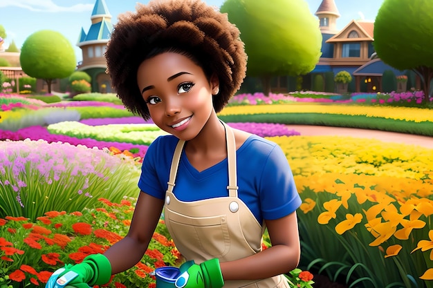 Mooi meisje dat een tuinman werkt Afrikaans Amerikaans meisje dat bloemen AI plant