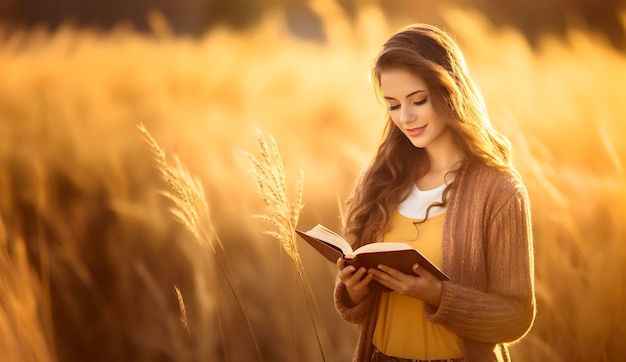 Mooi meisje dat heilig Bijbelboek leest in het rijstveld tijdens zonsondergang