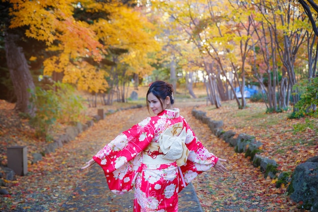 Mooi meisje die Japanse traditionele kimono in de herfst dragen