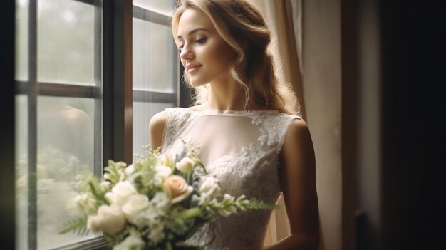mooi meisje draagt witte bruidsjurk en houdt bloemen vast en zit op de bank